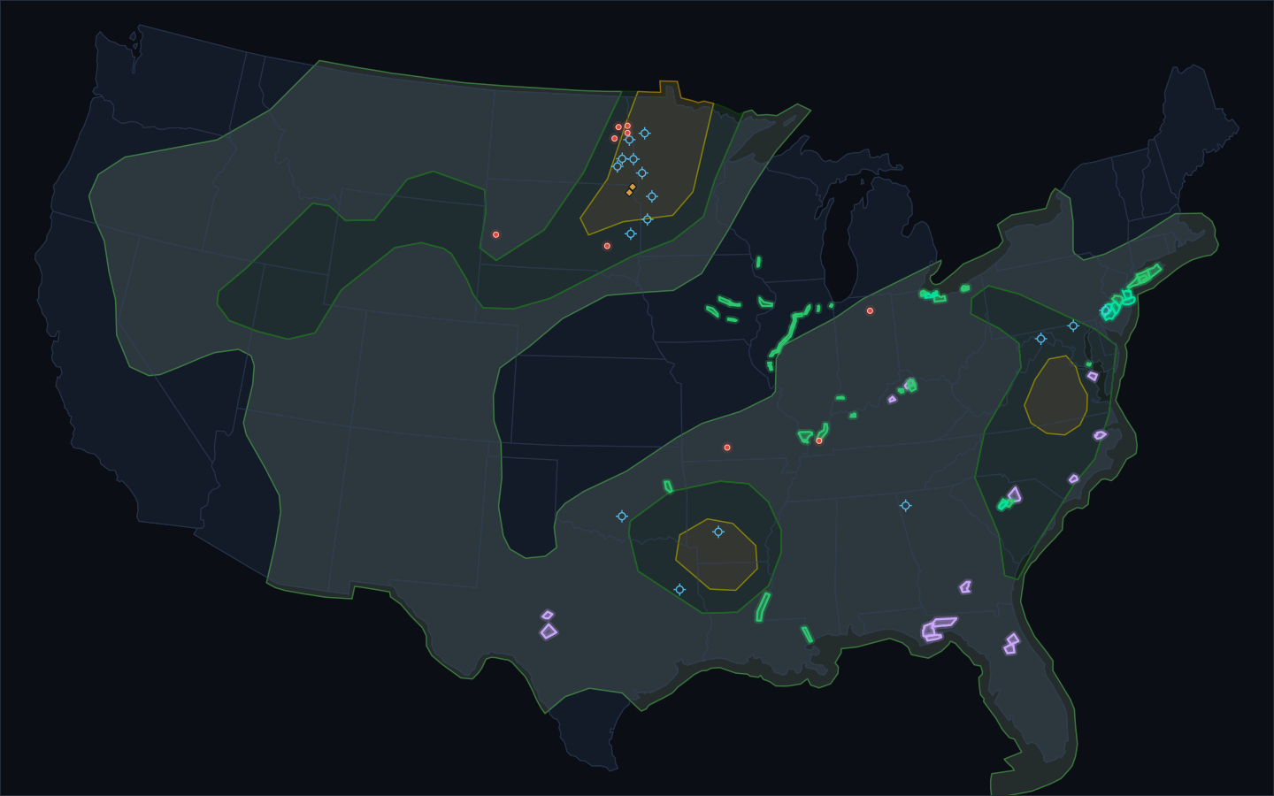Live United States map — active NWS warnings, today's SPC outlook, chasers on the road, target pins, and research bases